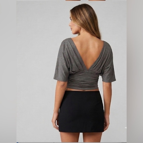Grey Ruched Deep V-Neck Cropped Top with Dolman Sleeves - Picture 6 of 7